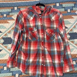 Wrangler Red and Blue Plaid Hooded Flannel Shirt